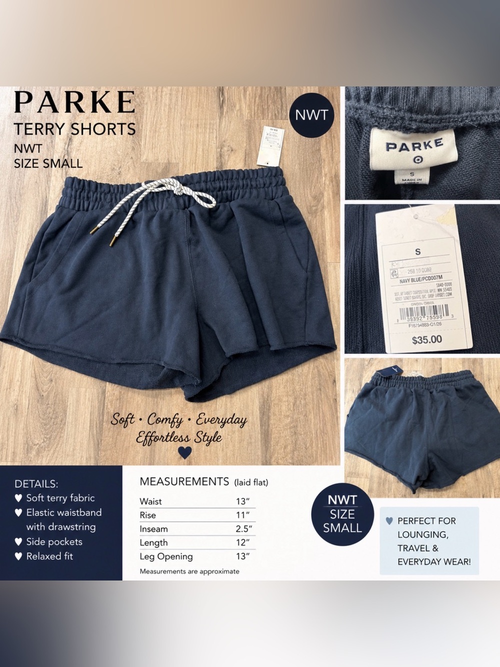 NWT Parke X Navy Terry Shorts Size Small | Drawstring Lounge Shorts